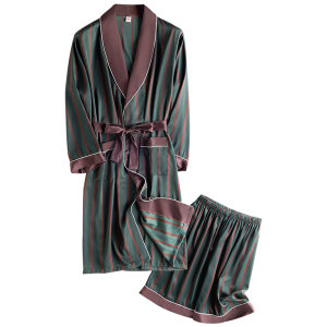 Men's pajamas, spring and autumn, ice silk thin pajama set, high-end simulation silk, summer long bathrobe, bathrobe for men