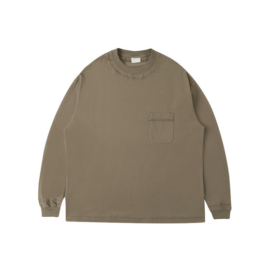 
WHIMNOTION 24AW bone-breaking double-layer curled edge printed pure cotton heavy casual versatile round neck long-sleeved T-shirt for men