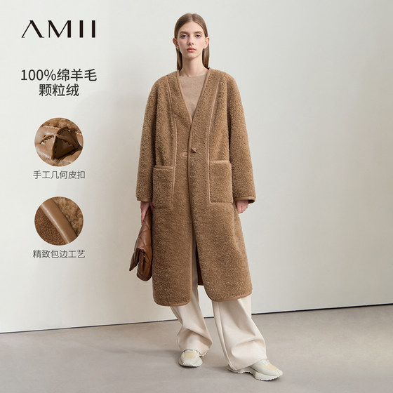 Amii2024冬新款V领全绵羊毛几何皮扣长款皮草大衣女口袋宽松上衣