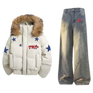 
Charles heart casual suit men's fur collar hooded cotton coat winter cold-proof straight jeans couple two-piece set