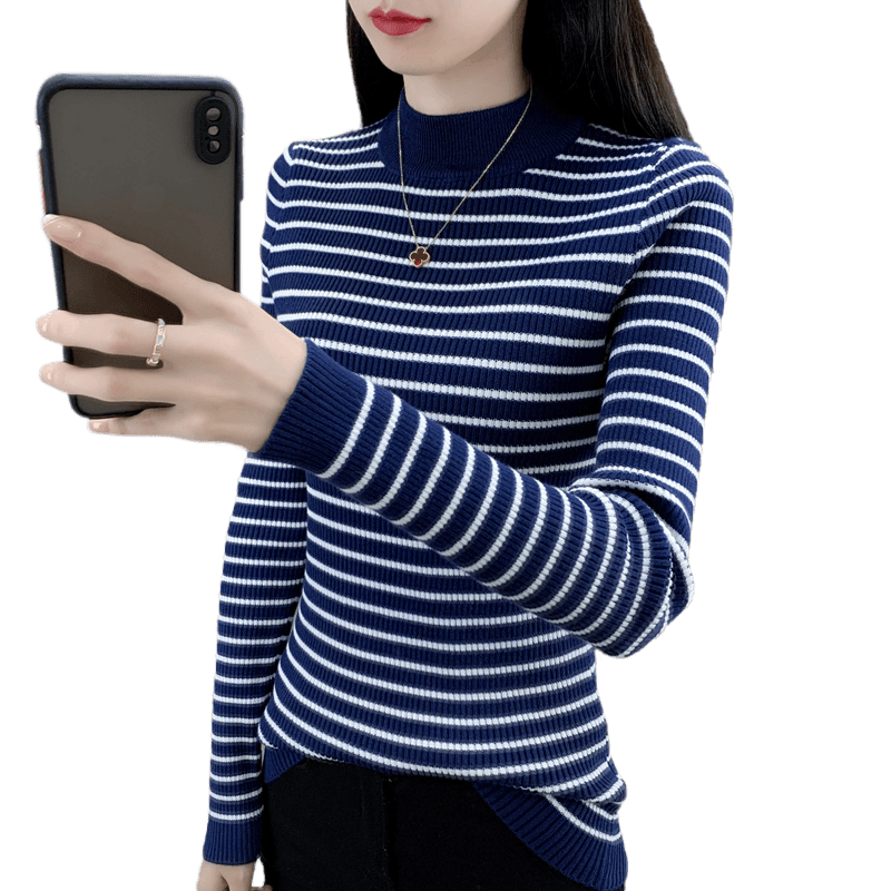 
Fashionable thick striped sweater for women's half turtleneck sweater stretch slim fashion top autumn and winter base shirt for women