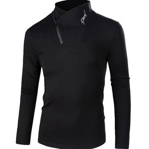 
Spring and Autumn pure cotton semi-high V-neck long-sleeved T-shirt stretch men's large size casual trendy top thin section slimming bottoming shirt