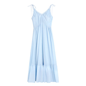 
MULVAN blue dress women's v-neck suspender skirt high-end loose temperament long skirt vacation style fairy skirt