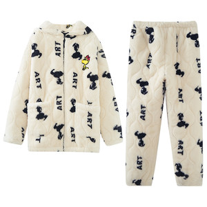 
Beiyan Coral Fleece Padded Couple Pajamas Women's Winter Thickened Snoopy Home Clothes Men's Warm Cotton Jacket Set