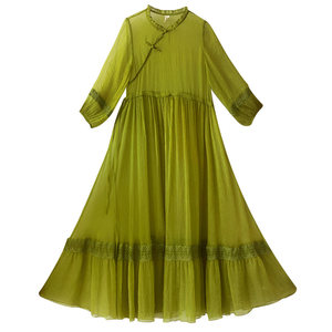 
Spot [Autumn Fragrance] Retro Green Dress for Women in Summer New Round Neck Pinch High Waisted Swinging Long Skirt