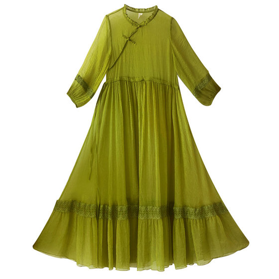 
Spot [Autumn Fragrance] Retro Green Dress for Women in Summer New Round Neck Pinch High Waisted Swinging Long Skirt