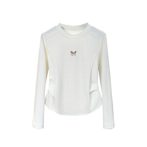 
She pool simple bottoming shirt 2026 spring new women's pinch pleated waist slim round neck short long-sleeved T-shirt