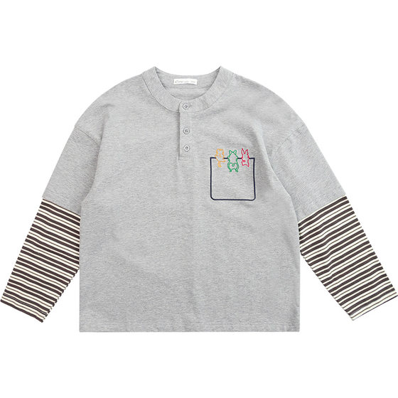 
Junyi Liangpin boys' fake two-piece long-sleeved T-shirt 2026 spring children's thin breathable ice-feel casual top