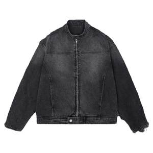 
CHINISM Red Dust Black Old Retro American Motorcycle Denim Jacket Men Washed High Street Standing Collar Jacket