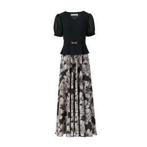 
New black dress with high waist in summer, slim temperament, dignified and fashionable fake two-piece set, oversized long skirt 1947