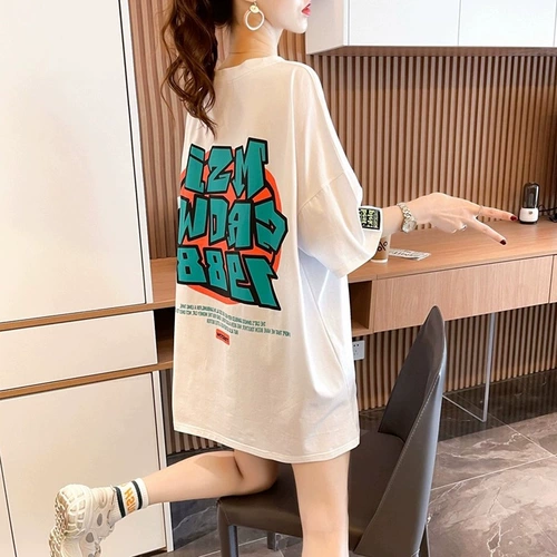 Белая длинная футболка с коротким рукавом, коллекция 2022, в корейском стиле, средней длины