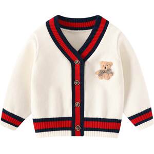 
British preppy style boys' V-neck cardigan sweater bear embroidery contrast stripe warm sweater