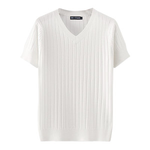 Winter half-sleeved knitted sweater, chicken heart collar, warm V-neck white sweater, slim solid color men's base top