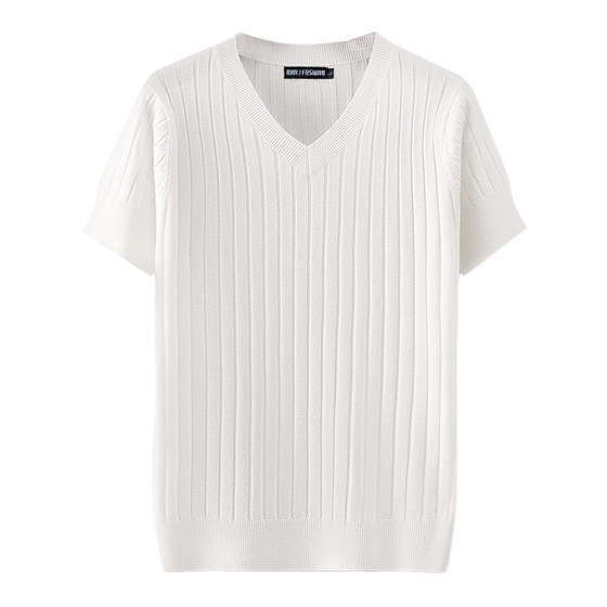 Winter half-sleeved knitted sweater, chicken heart collar, warm V-neck white sweater, slim solid color men's base top