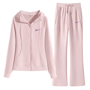 
Pull back pink casual sports suit for women spring and autumn slim hooded sweatshirt boot-cut pants new early autumn outfit