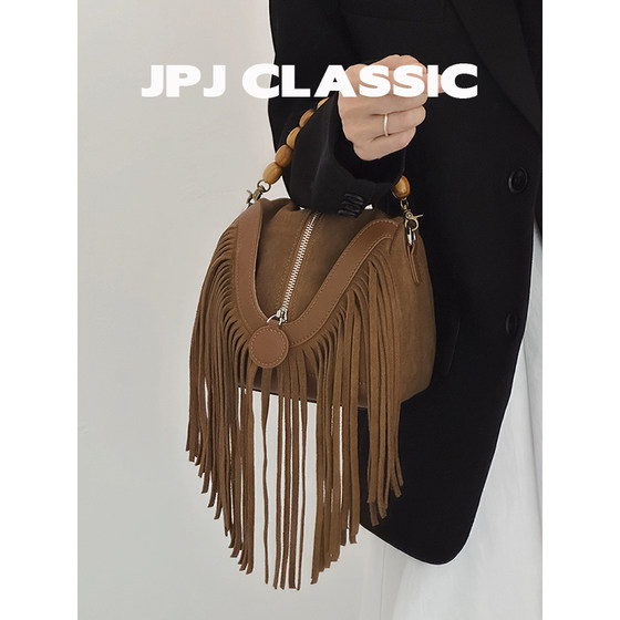 jpjclassic新款磨砂牛皮流苏包女可爱复古风手提包单肩斜挎小包