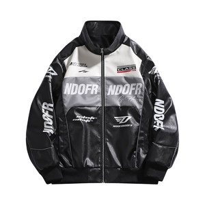 
Binqi brand autumn and winter motorcycle men's stand-alone collar leather jacket leather jacket American loose jacket letter printing