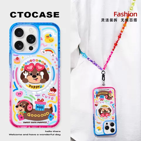 Girls【CUTE PUPPY】Gradient Phone Cases Covers iPhone Cartoon MagSafe Lanyard Strap Pro/Plus/Max/Air – iPhone 17, iPhone 16, iPhone 15, iPhone 14, iPhone 13