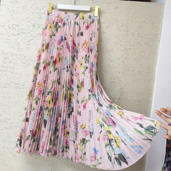 Romantic flower sea pink printed pleated skirt 2024 gentle style design pressed pleated A-line accordion pleated skirt long