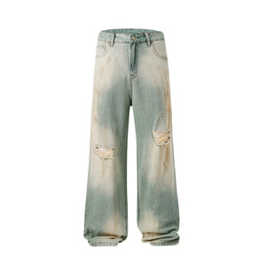
Spring yellow mud-dyed jeans for boys, loose straight fit, frayed holes, wasteland style casual trendy floor-length trousers