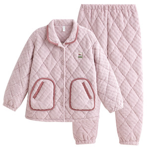 
Xuanliang Couple Pajamas Women's Winter Three-Layer Thickened Warm Padded Jacket Coral Fleece Stand Collar Men's Homewear Set