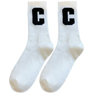 Letter socks for women, spring and autumn mid-calf socks ins trendy white with shark pants stockings pure cotton for autumn and winter outer wear