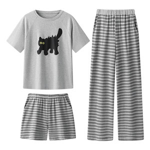 宫蝶【3件套】睡衣女纯棉短袖长裤可爱条纹卡通猫咪家居服套装夏