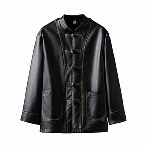 
New Chinese retro PU leather jacket men's stand-up collar button Tang suit men's leather jacket 2025 new Chinese style
