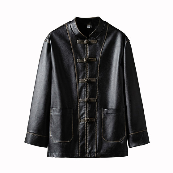 
New Chinese retro PU leather jacket men's stand-up collar button Tang suit men's leather jacket 2025 new Chinese style