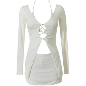 White pure bikini swimsuit female split long -sleeved blouse 2024 new small breast sexy hanging neck sea hot spring
