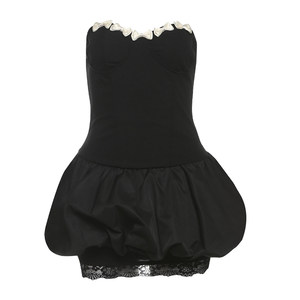 
Griffin girl, cool female, contrasting color bow strapless dress for women, slim and slim high waist flower bud skirt