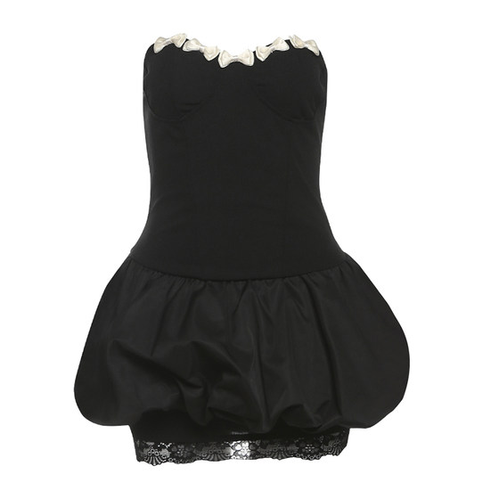 
Griffin girl, cool female, contrasting color bow strapless dress for women, slim and slim high waist flower bud skirt