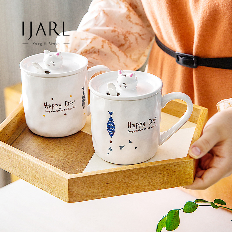 ijarl可爱陶瓷马克杯带盖勺创意水杯家用情侣款牛奶杯咖啡杯