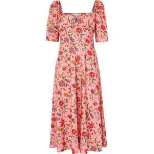 
lkbennett pink floral dress women's summer puff sleeves peach heart collar high waist long skirt French vacation style