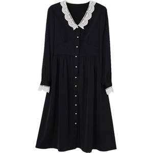 Oece秋装新款女装 法式小黑裙复古蕾丝翻领高腰长袖连衣裙