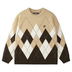 FILA FUSION Fila trendy brand couple knitted sweater for women 2025 winter new diamond pattern round neck sweater for men