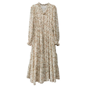 
2026 spring new women's French coffee break design niche floral chiffon dress mid-length Korean version
