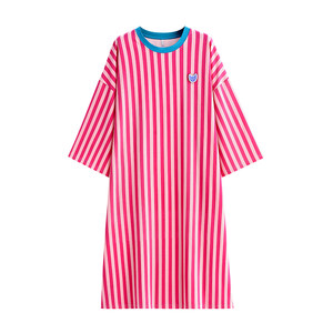
Yuenei nightgown women's pajamas spring and autumn pure cotton long-sleeved home wear fashion plus size dopamine striped long style