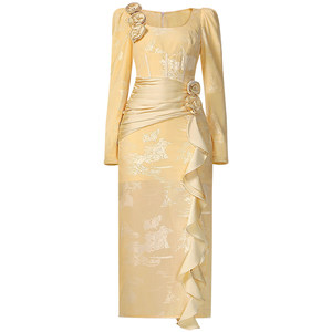 
Stubble elegant style autumn and winter retro new Chinese style long skirt warm romantic three-dimensional flowers