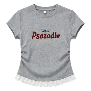 
American gray right shoulder lace short-sleeved T-shirt for women 2026 summer new design pleated short waist top