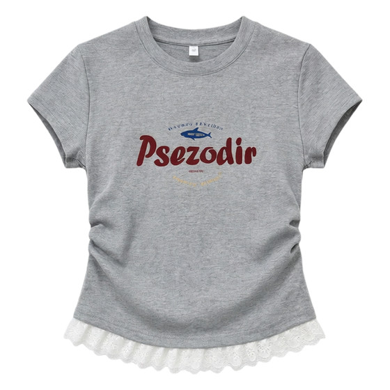 
American gray right shoulder lace short-sleeved T-shirt for women 2026 summer new design pleated short waist top