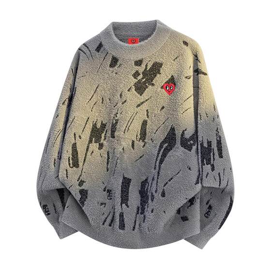 
Charles Heart American Contrast Color Sweater Men's Round Neck Autumn and Winter New Versatile Imitation Mink Velvet Couple Sweater