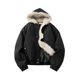 
American cleanfit wool collar hooded mountain carving couple down jacket winter warm short cotton jacket men