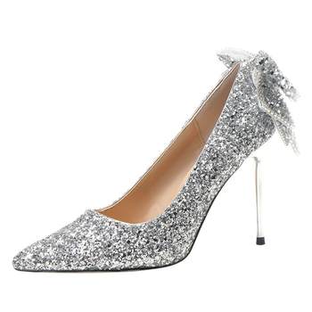 Silver crystal high heels women's stiletto 18-year-old adult dress temperament butterfly wedding dress two-wear wedding shoes bridal shoes