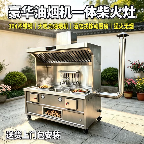 Bếp củi inox cao cấp không khói tích hợp máy hút khói, dùng nồi lớn, mẫu mới