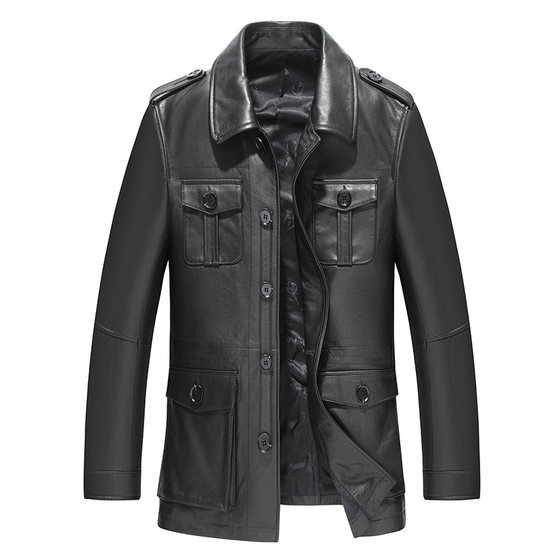 
First layer calfskin windbreaker men's hunting jacket genuine leather jacket men's lapel executive style dad leather jacket 27-19008