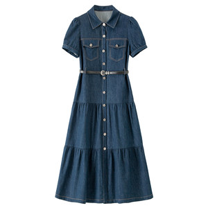 
BANANA BABY 2025 new retro Hong Kong style denim dress for women high waist polo collar long skirt