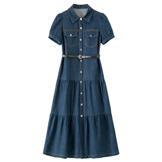 
BANANA BABY 2025 new retro Hong Kong style denim dress for women high waist polo collar long skirt