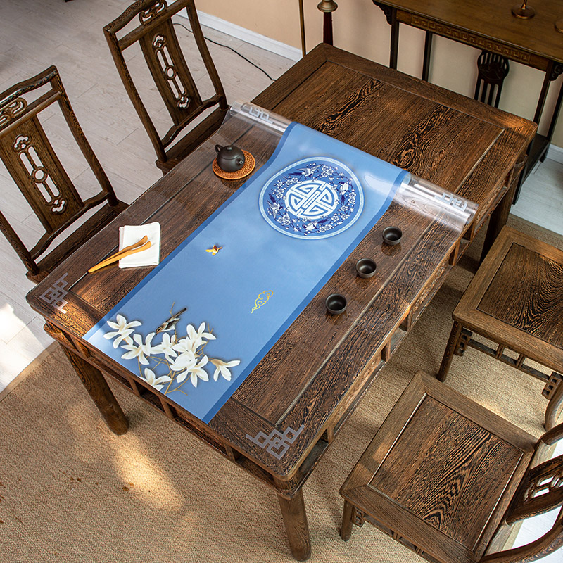 新中式pvc透明印花软玻璃餐桌垫免洗防油防水中式防烫茶几餐桌布