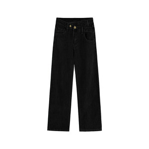 
Black irregular straight jeans for women in autumn and winter plus velvet fat mm high waist slim wide leg pants pear-shaped body pants